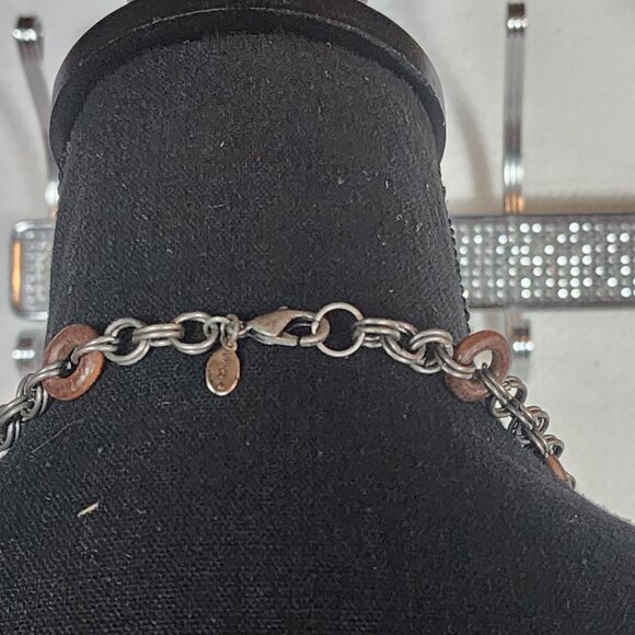 Chico's Vtg Red Green Earth Tone Mix Media Wood Metal Circle Square 38" Necklace - Picture 10 of 16